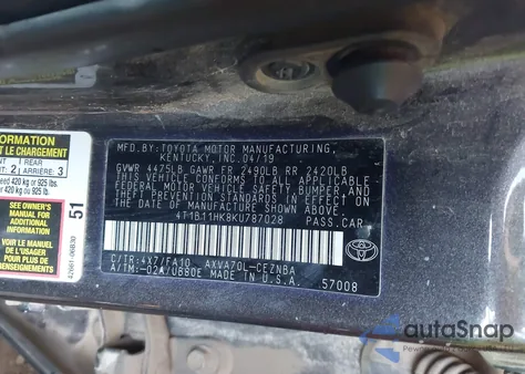 2019 Toyota Camry Le из США, поврежденный, VIN 4T1B11HK8KU787028